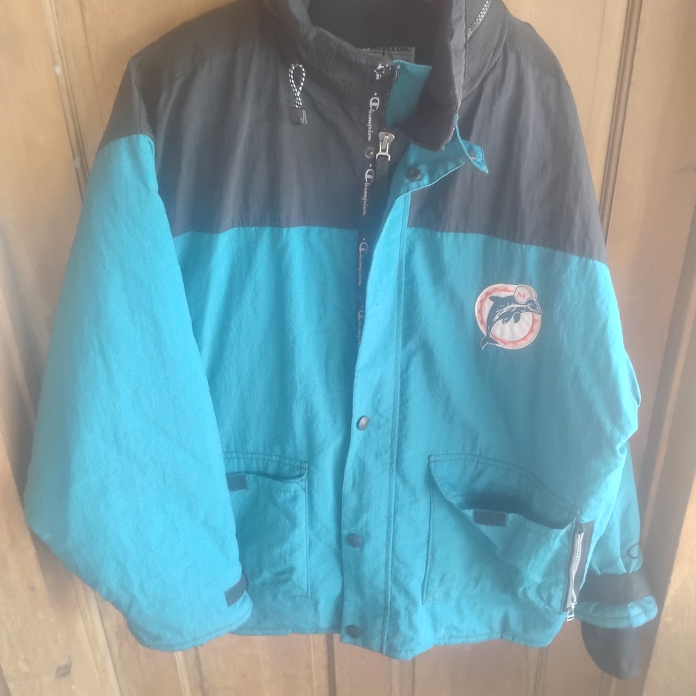 Vintage Champion Miami Dolphins Black and Teal Performance Jacket Xxl